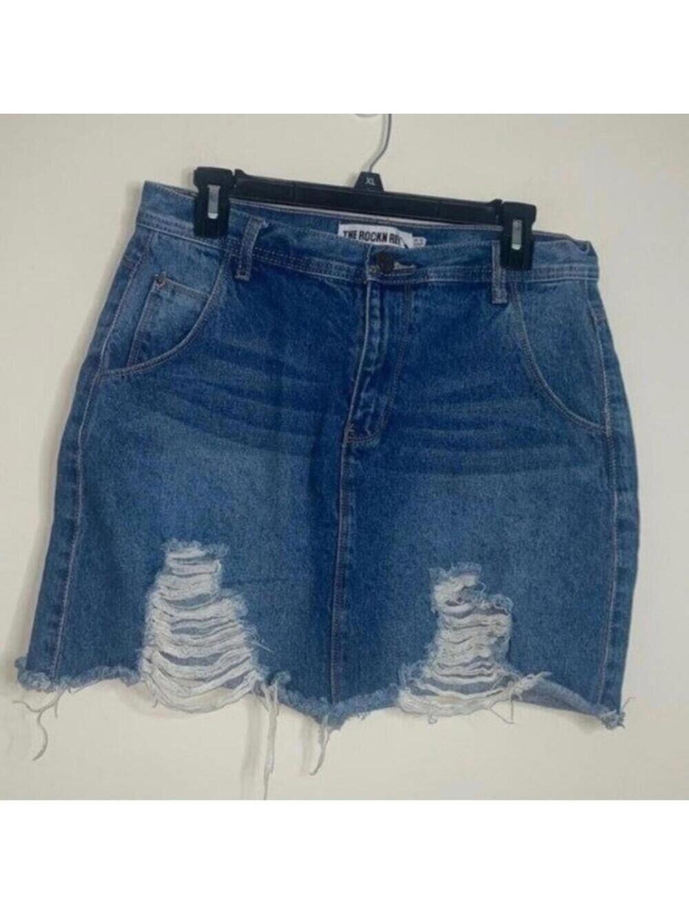 The Rockin Rev Distressed Denim Skirt Casual Festival Boho Western